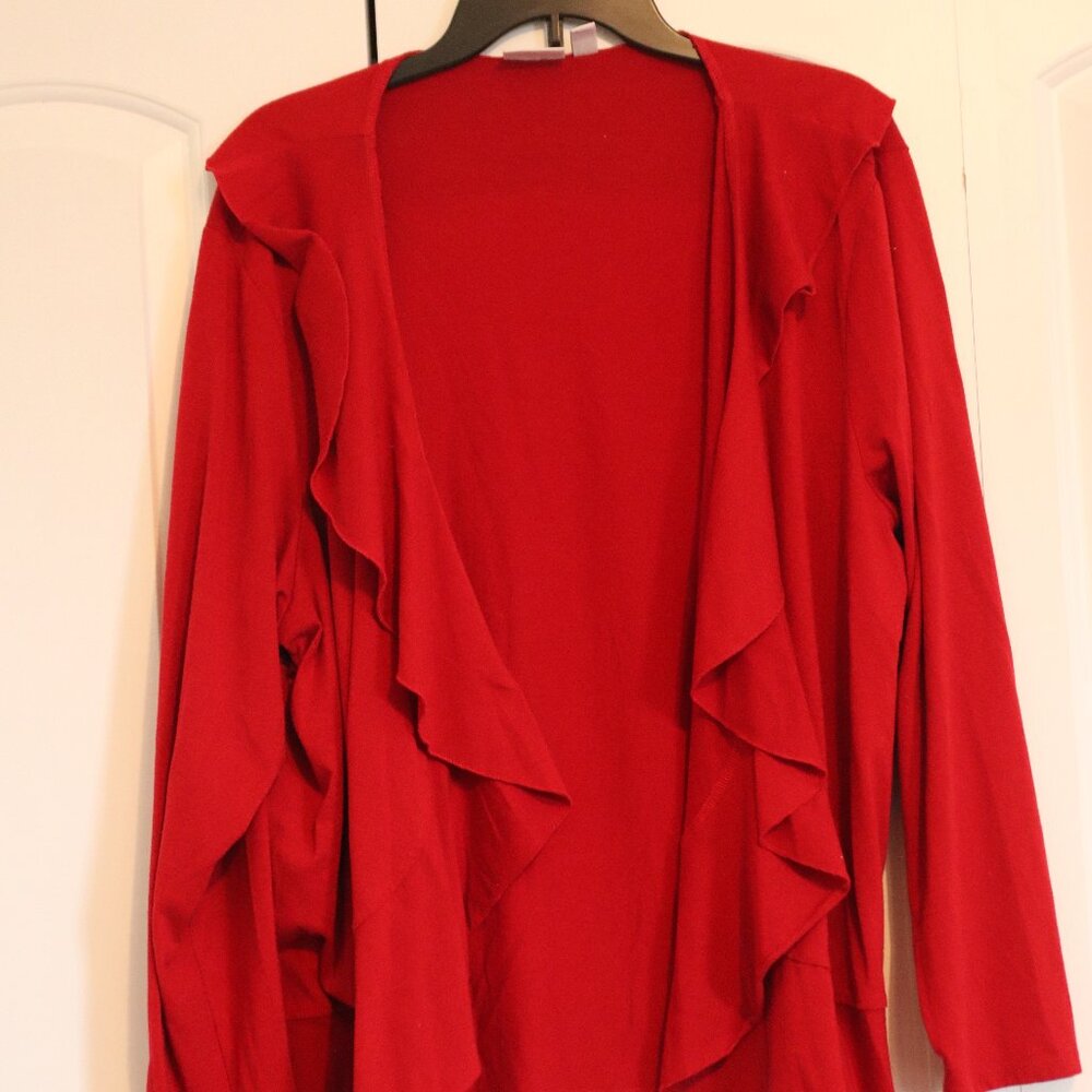 Kim Woman by Kim Rogers Colorful Red Ruffle Open Front Cardigan Size 3X